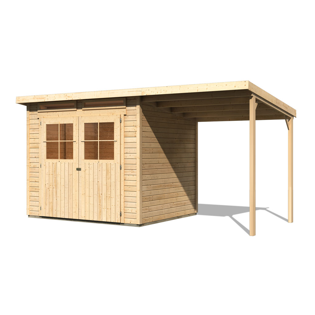 Karibu Gartenhaus Glücksburg-4 naturbelassen mit Anbaudach