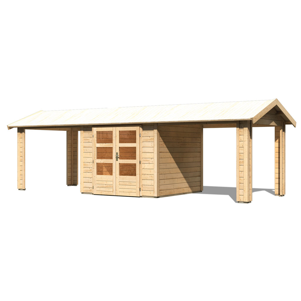 Karibu 28 mm Gartenhaus Theres 3 naturbelassen mit 2 Schleppdächer