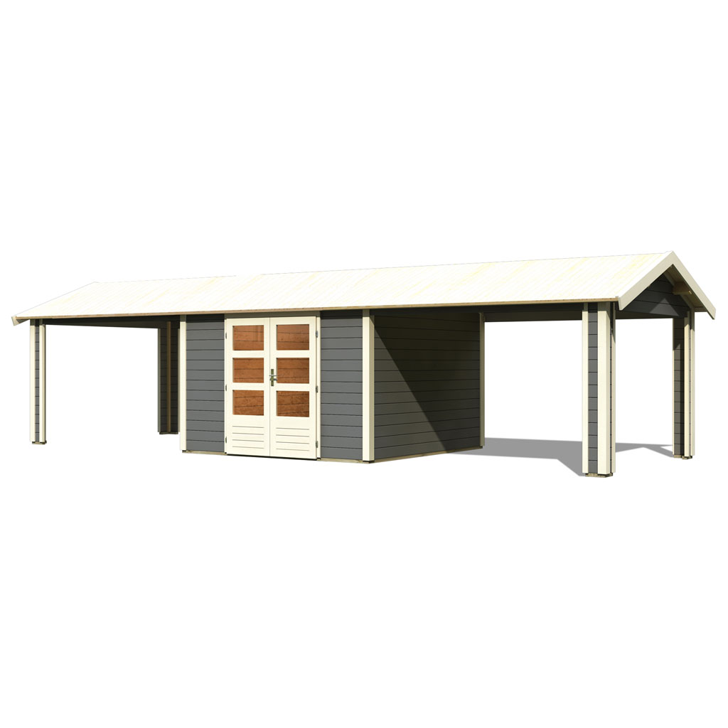 Karibu 28 mm Gartenhaus Theres 7 terragrau mit 2 Schleppdächer
