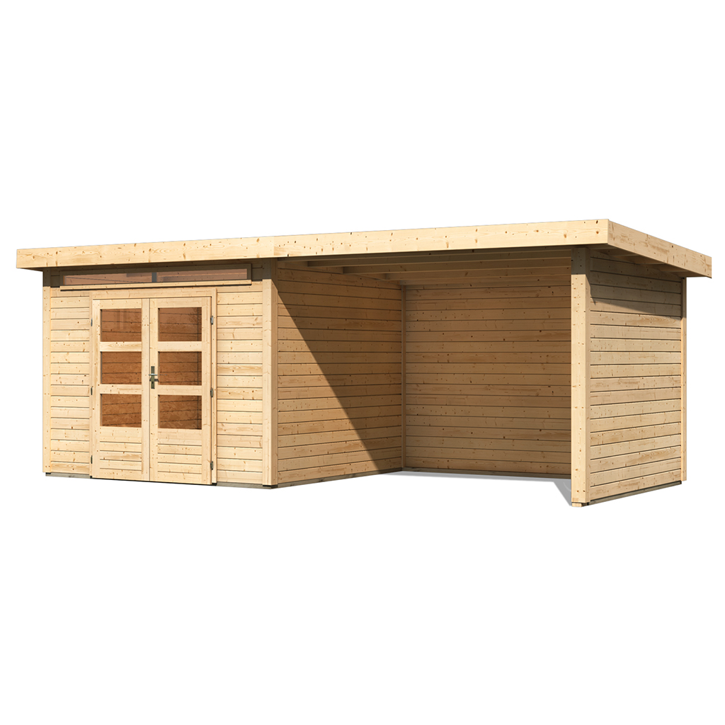 Karibu 28 mm Gartenhaus Kandern 6 naturbelassen mit 320 cm Anbaudach, Rück- und Seitenwand