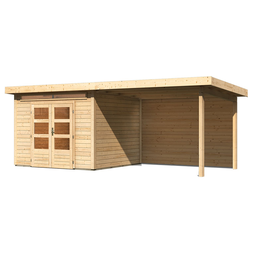Karibu 28 mm Gartenhaus Kandern 6 naturbelassen mit 320 cm Anbaudach und Rückwand