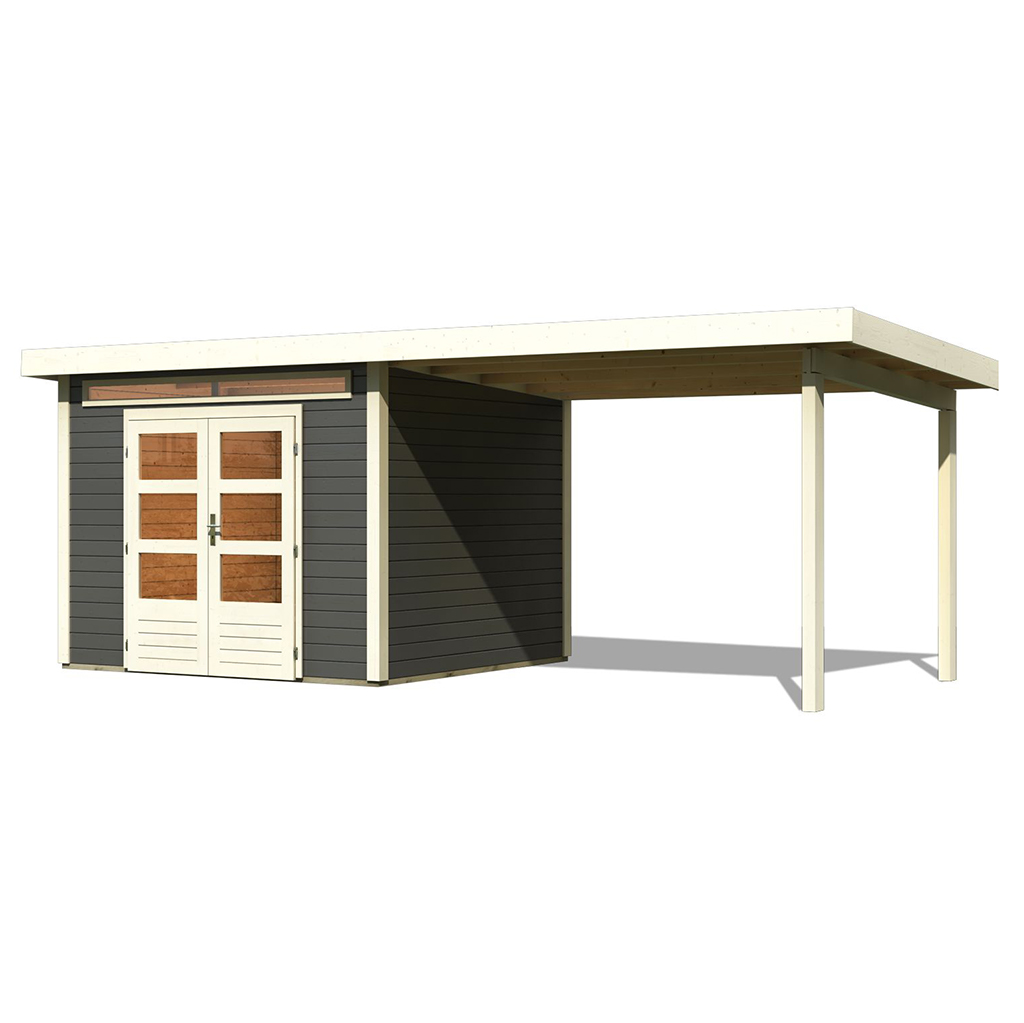 Karibu 28 mm Gartenhaus Kandern 6 terragrau mit 320 cm Anbaudach