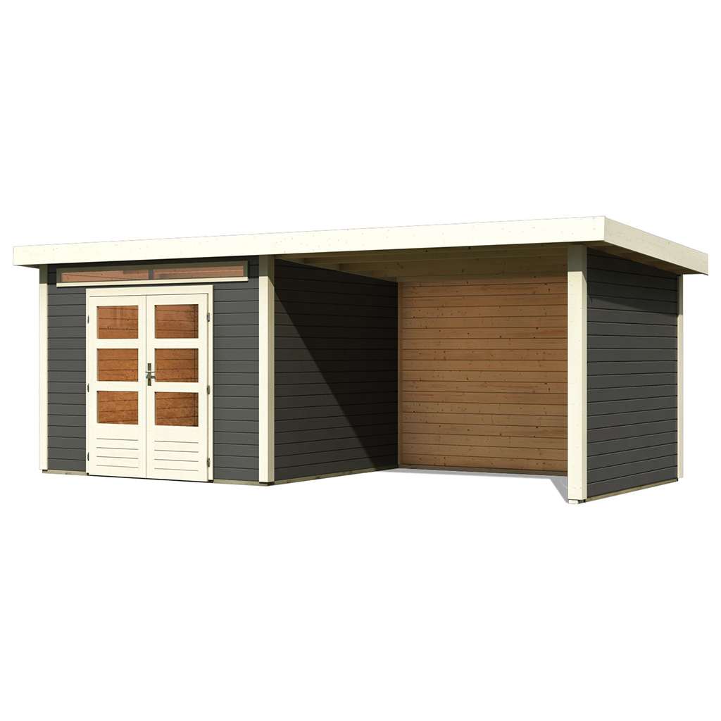 Karibu 28 mm Gartenhaus Kandern 6 terragrau mit 320 cm Anbaudach, Rück- und Seitenwand
