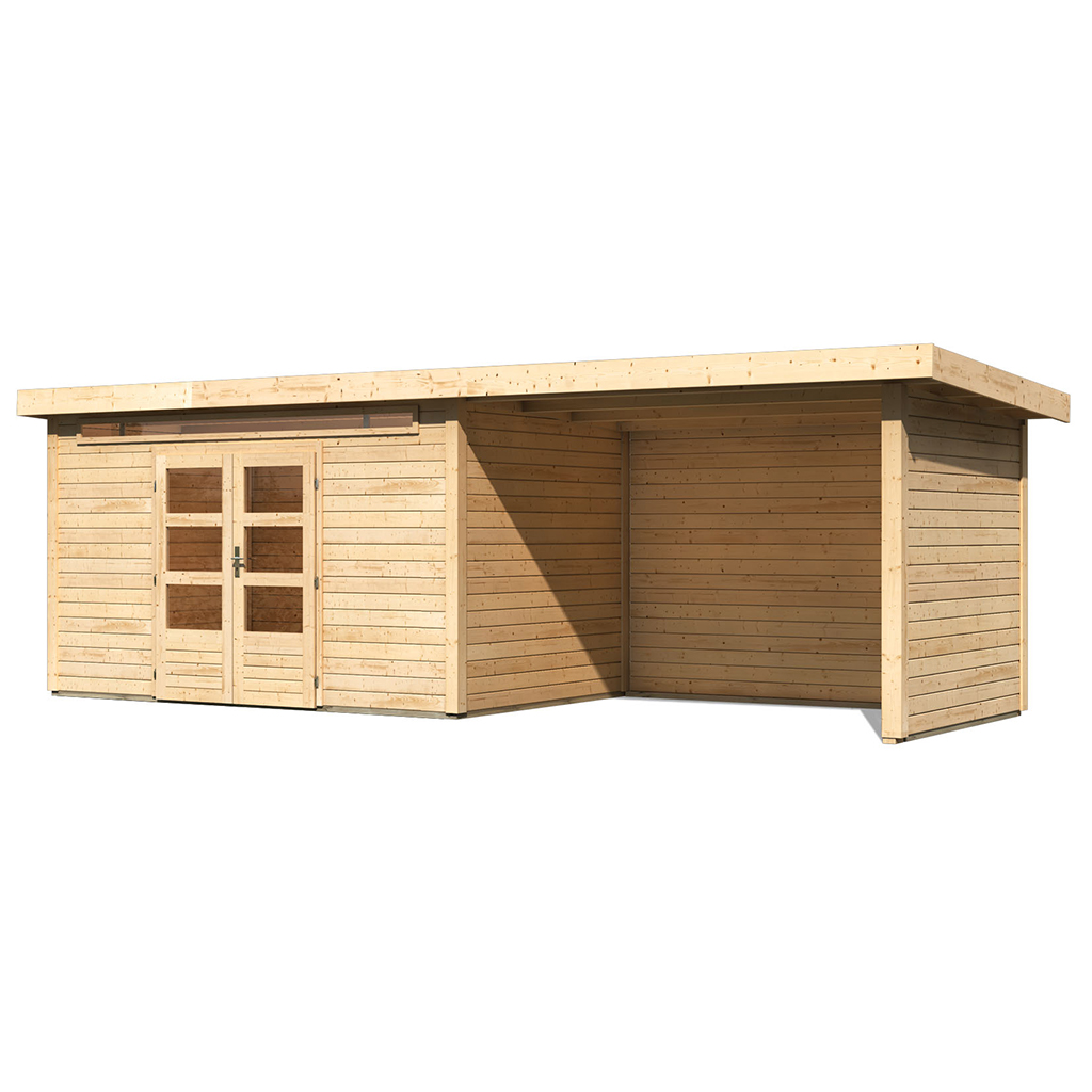 Karibu 28 mm Gartenhaus Kandern 7 naturbelassen mit 320 cm Anbaudach, Rück- und Seitenwand