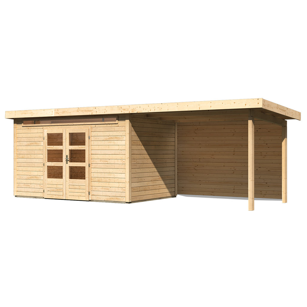 Karibu 28 mm Gartenhaus Kandern 7 naturbelassen mit 320 cm Anbaudach und Rückwand
