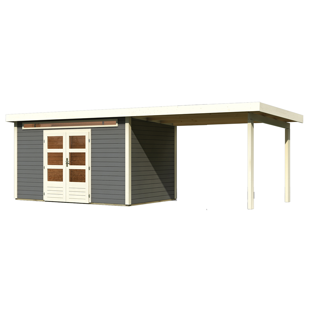 Karibu 28 mm Gartenhaus Kandern 7 terragrau mit 320 cm Anbaudach