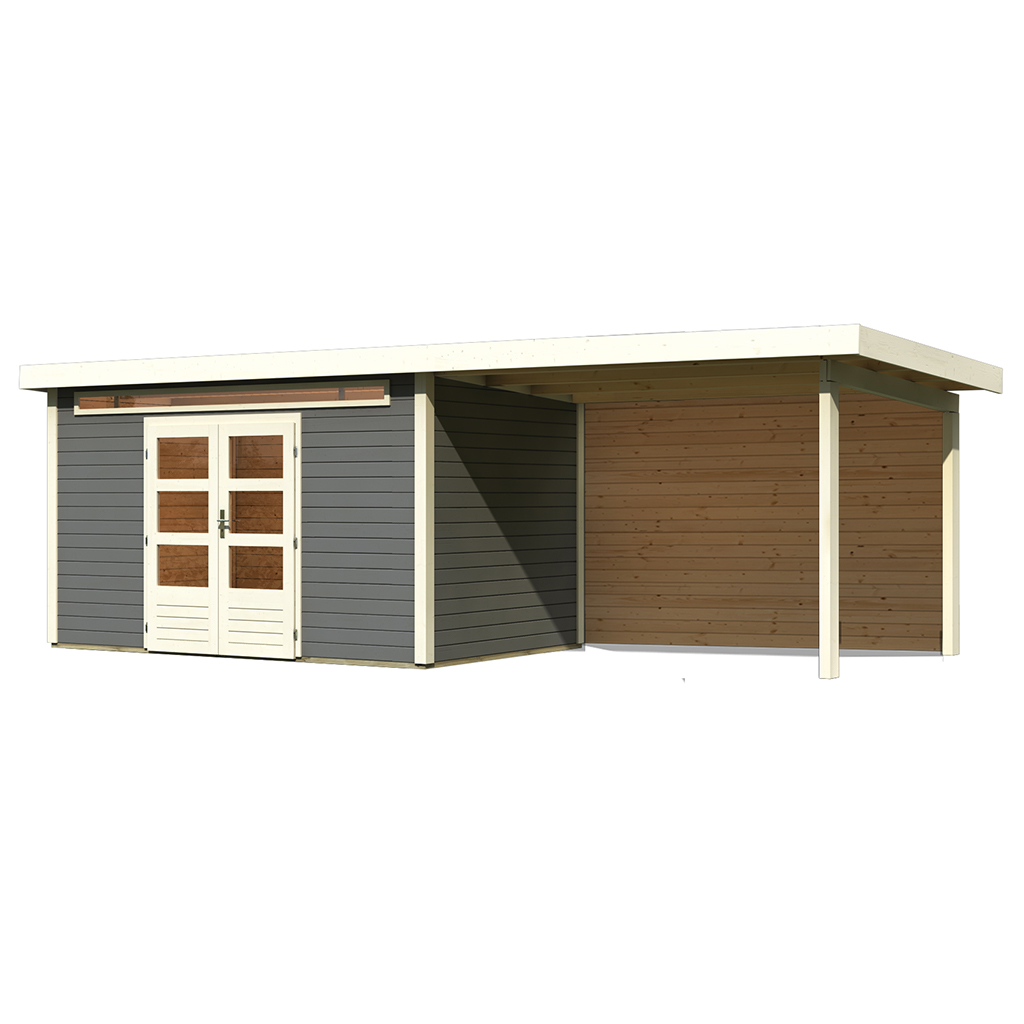 Karibu 28 mm Gartenhaus Kandern 7 terragrau mit 320 cm Anbaudach und Rückwand