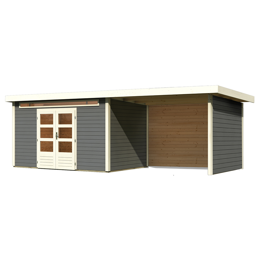 Karibu 28 mm Gartenhaus Kandern 7 terragrau mit 320 cm Anbaudach, Rück- und Seitenwand