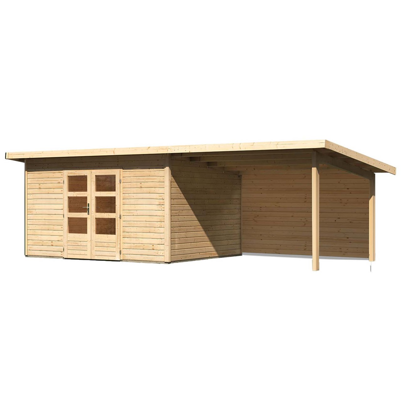 Karibu Pultdach Gartenhaus Northeim 4 inkl. 3 m Anbaudach und Rückwand