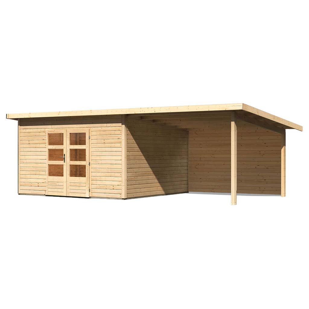 Karibu Pultdach Gartenhaus Northeim 5 inkl. 3 m Anbaudach und Rückwand