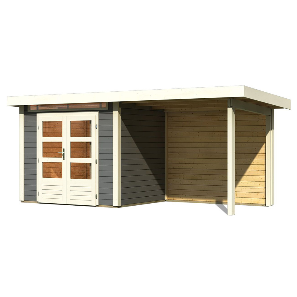 Karibu 28 mm Gartenhaus Kandern 2 terragrau mit 235 cm Anbaudach