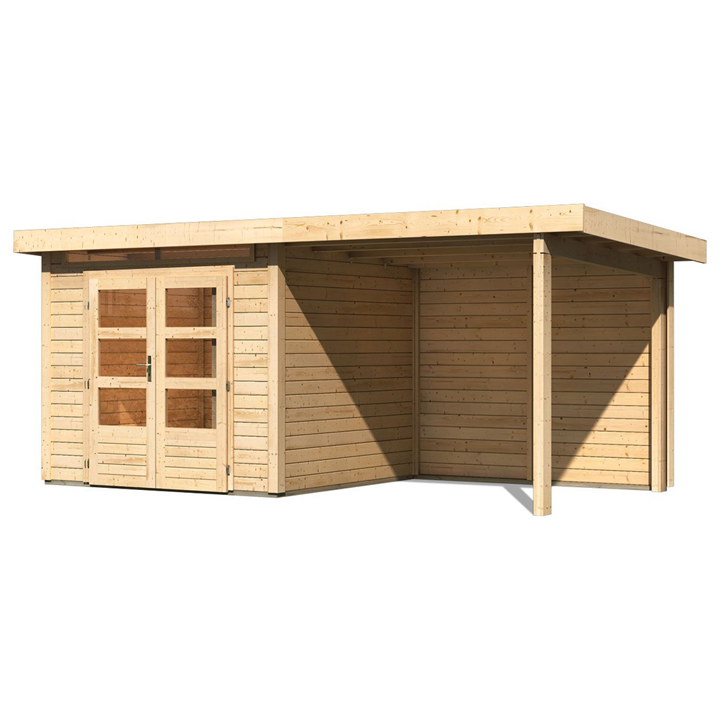 Karibu 28 mm Gartenhaus Kandern 3 naturbelassen mit 235 cm Anbaudach