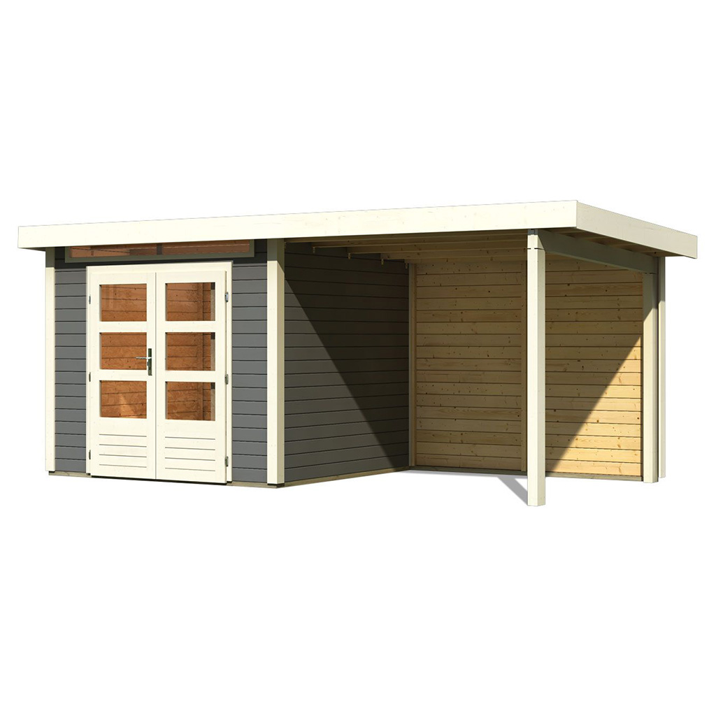 Karibu 28 mm Gartenhaus Kandern 3 terragrau mit 235 cm Anbaudach