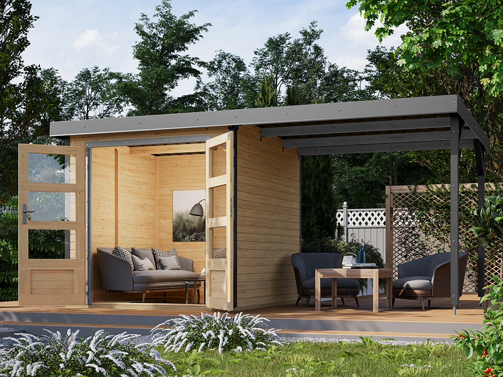 Karibu 19 mm Hybrid Gartenhaus Jupiter 2 mit Anbaudach