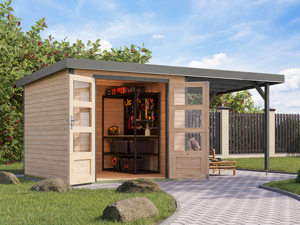 Karibu 19 mm Hybrid Gartenhaus Jupiter 3,5 mit Anbaudach