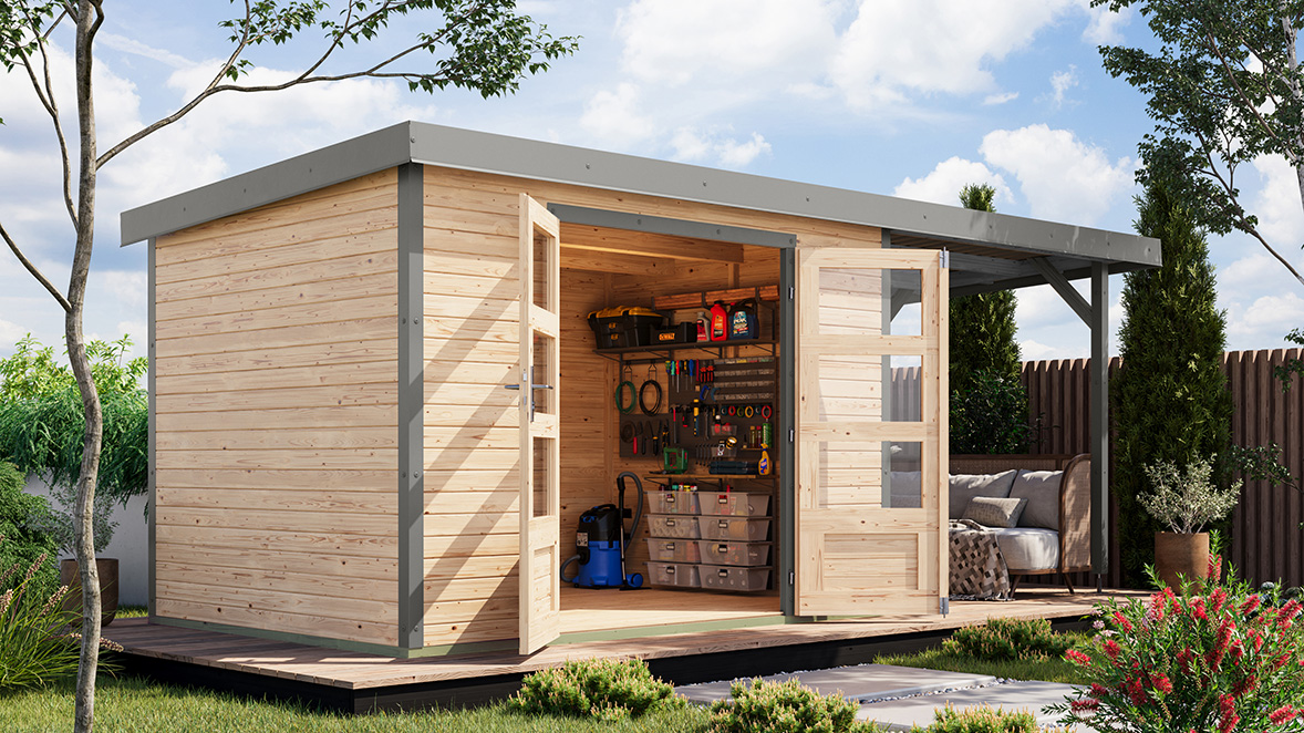 Karibu 19 mm Hybrid Gartenhaus Jupiter 4 mit Anbaudach