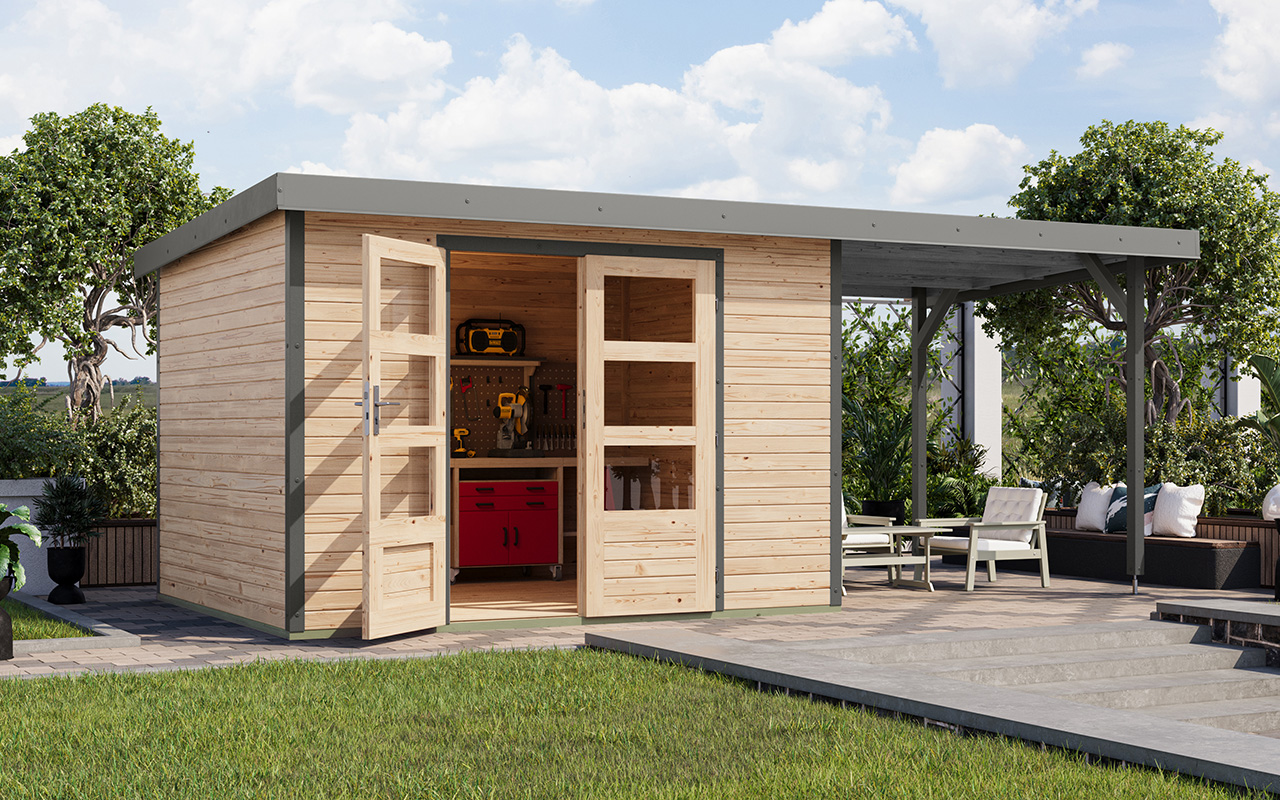Karibu 19 mm Hybrid Gartenhaus Jupiter 5 mit Anbaudach