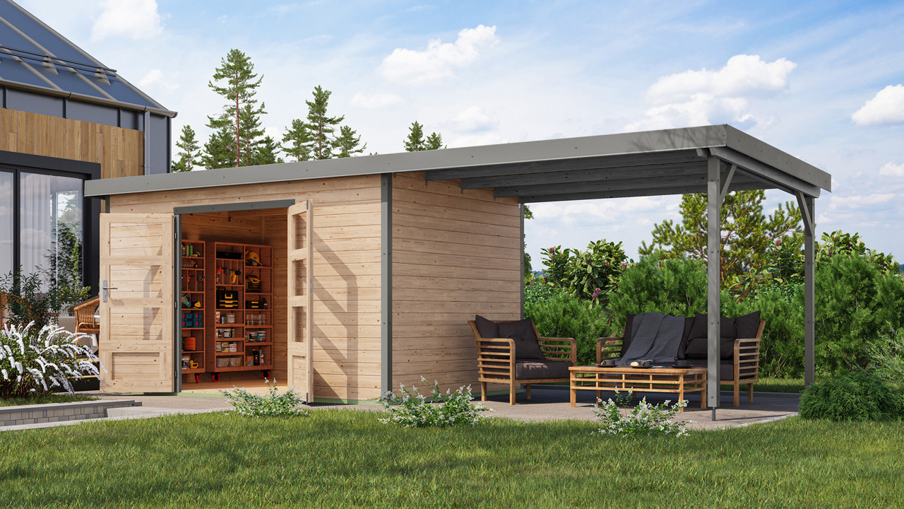 Karibu 28 mm Hybrid Gartenhaus Pluto 7 mit Anbaudach