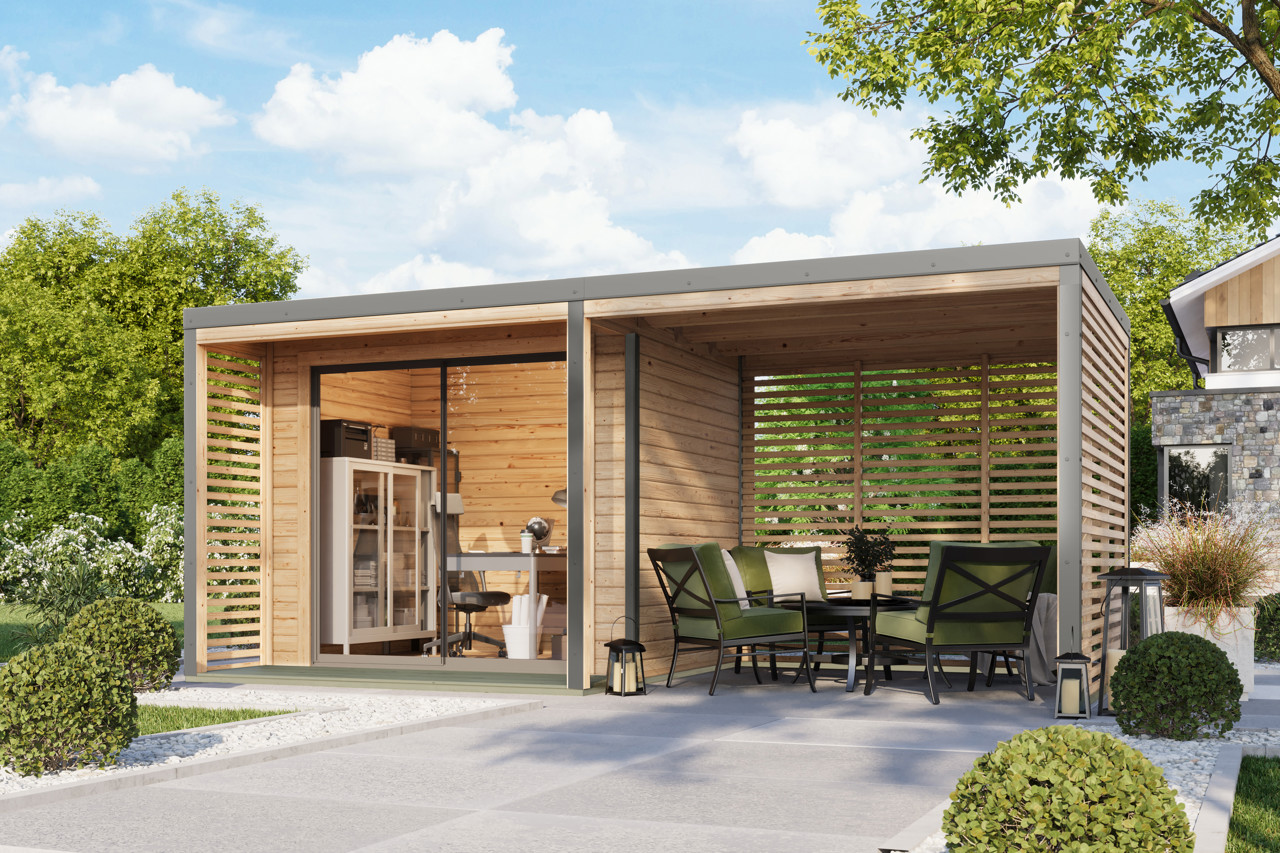 Karibu 38 mm Gartenhaus Saturn naturbelassen mit Anbaudach