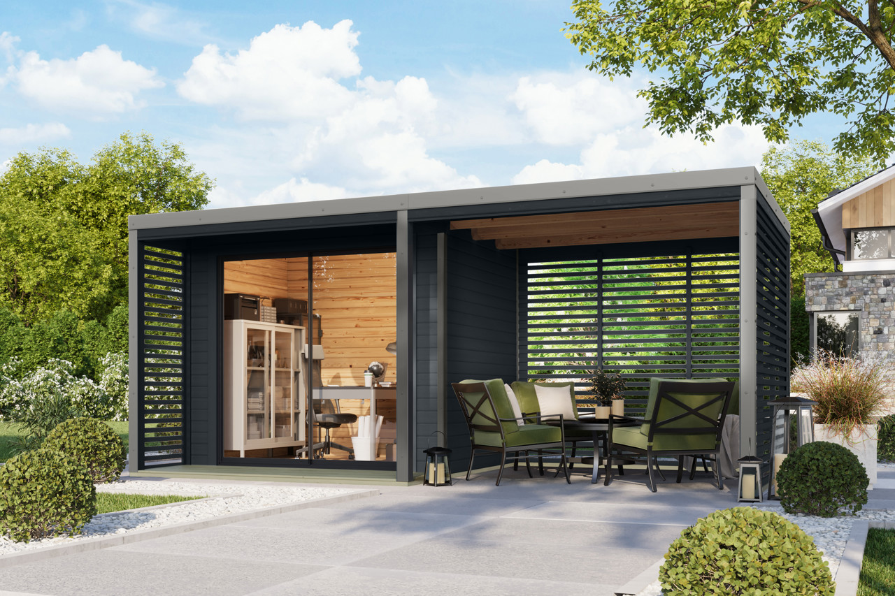Karibu 38 mm Gartenhaus Saturn anthrazit mit Anbaudach