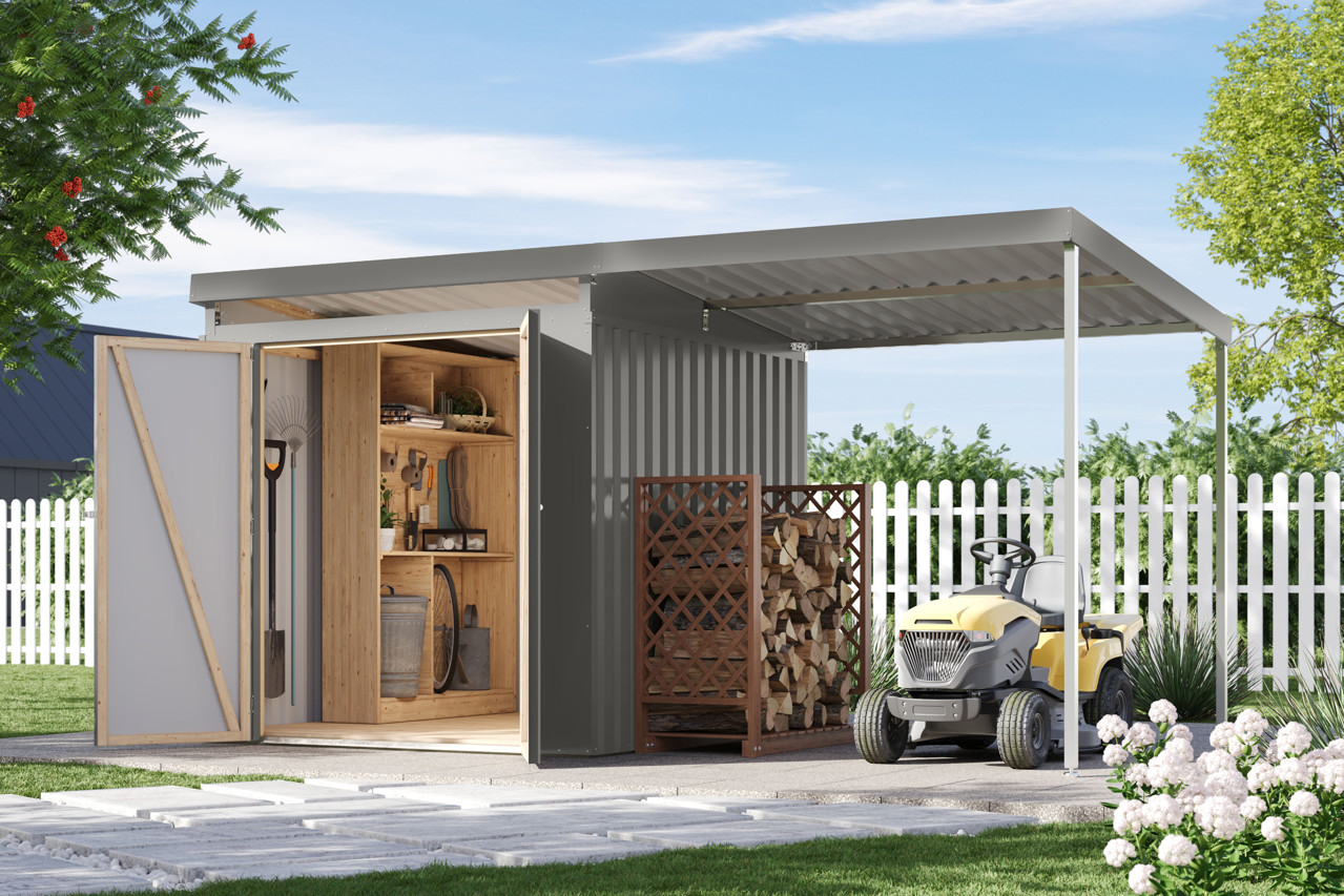 Karibu Metall Gerätehaus Iridium 2 graualuminium mit Anbaudach