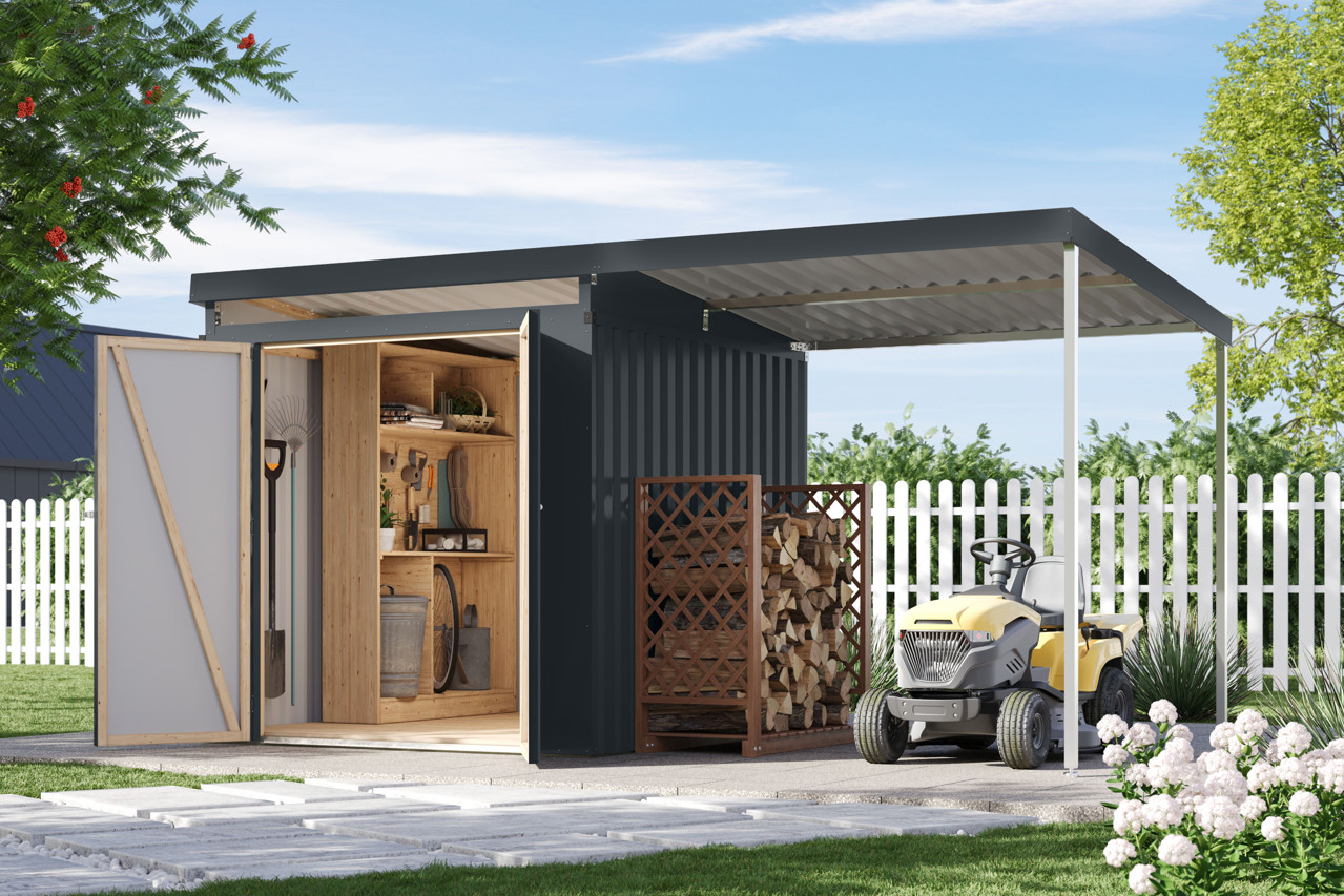 Karibu Metall Gerätehaus Iridium 2 anthrazit mit Anbaudach