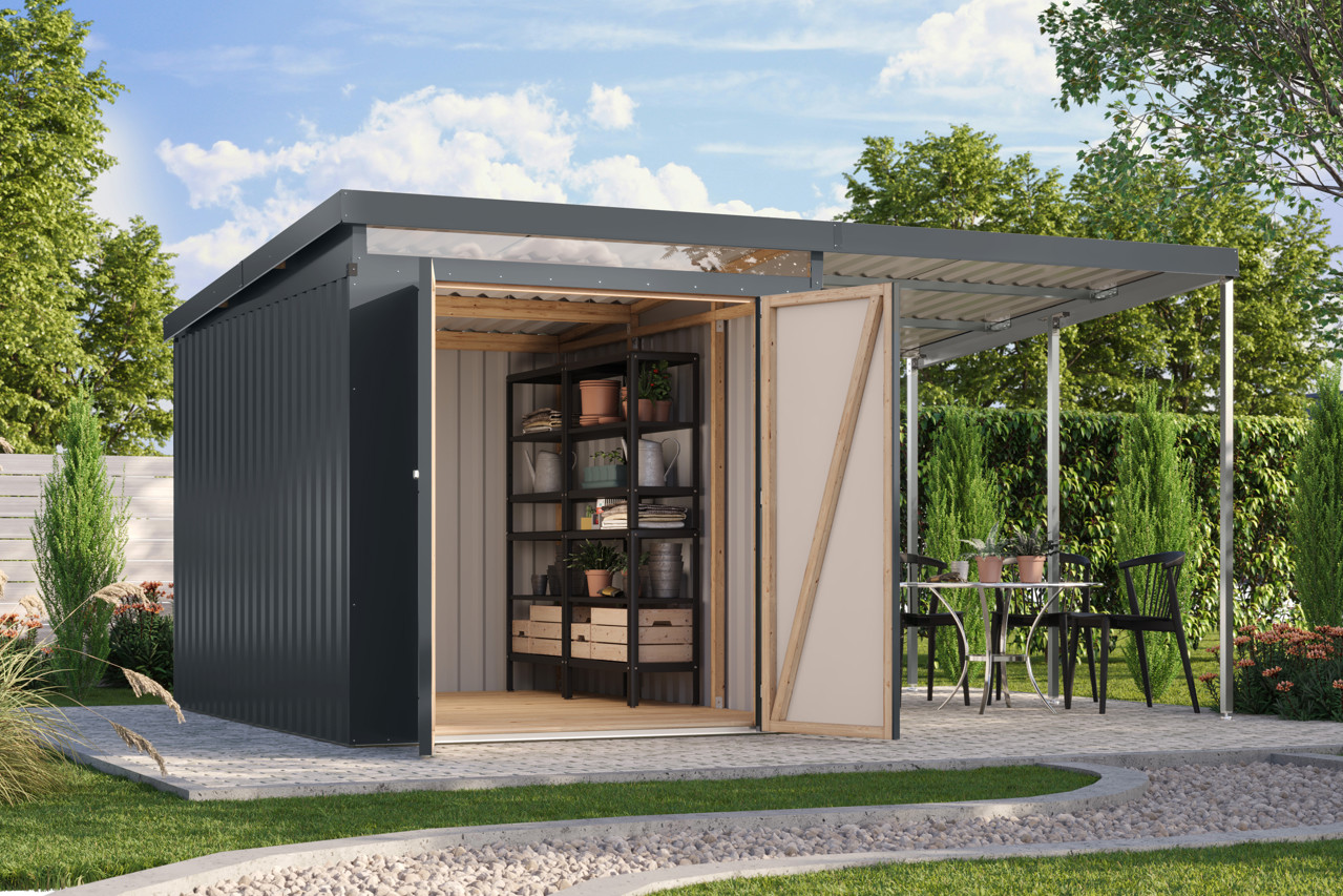 Karibu Metall Gerätehaus Iridium 2,5 anthrazit mit Anbaudach