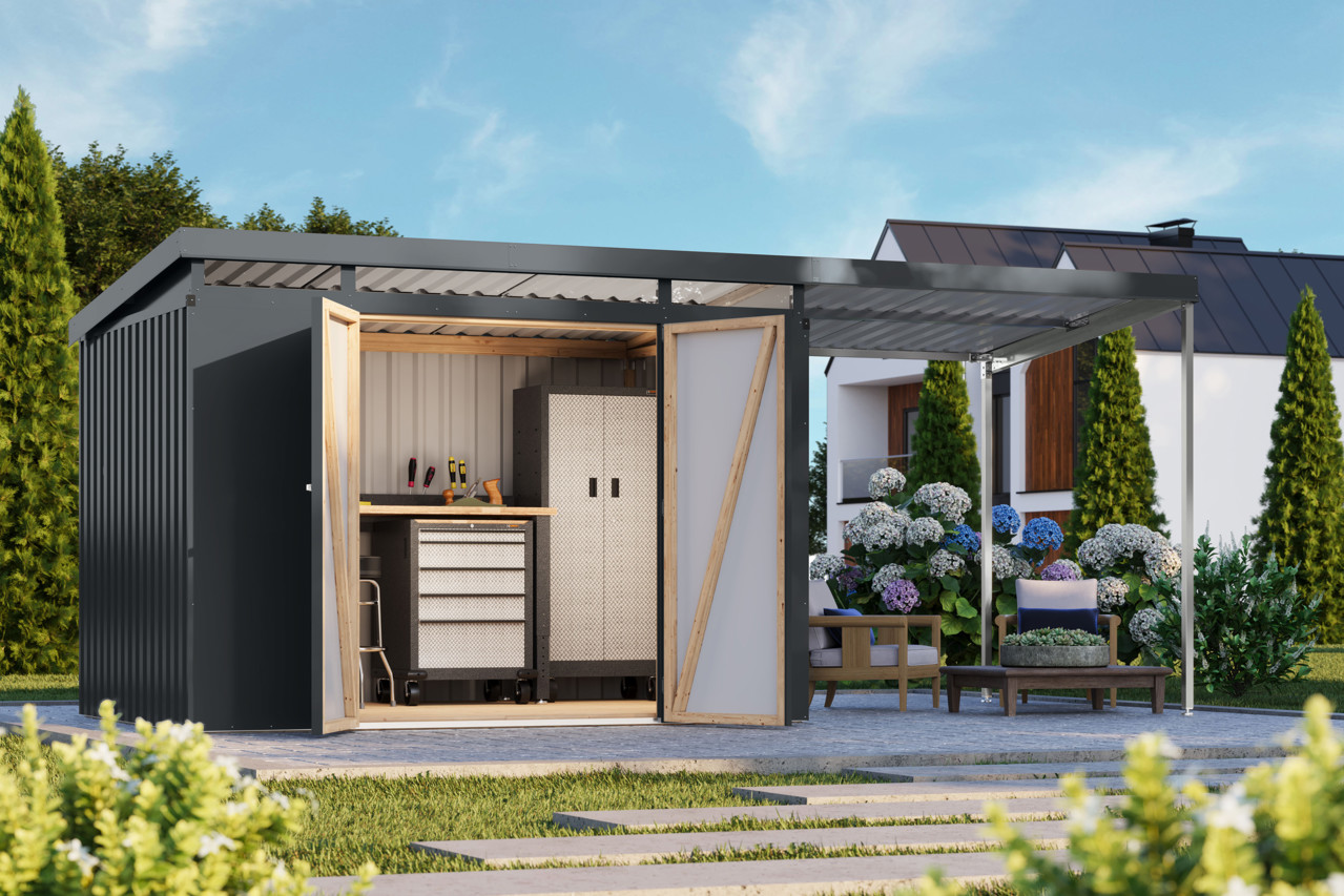 Karibu Metall Gerätehaus Iridium 3 anthrazit mit Anbaudach