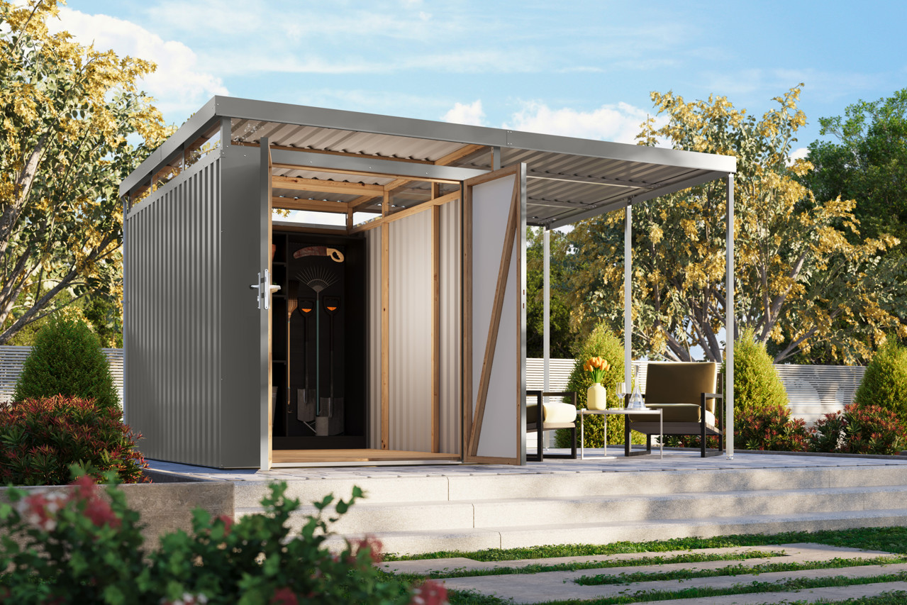 Karibu Metall Gerätehaus Aurum 2,5 graualuminium mit Anbaudach