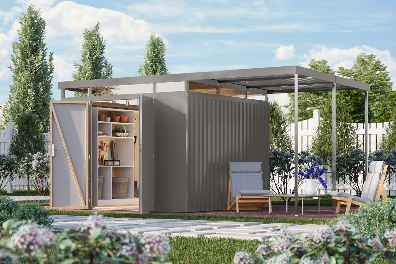 Karibu Metall Gerätehaus Aurum 3,5 graualuminium mit Anbaudach
