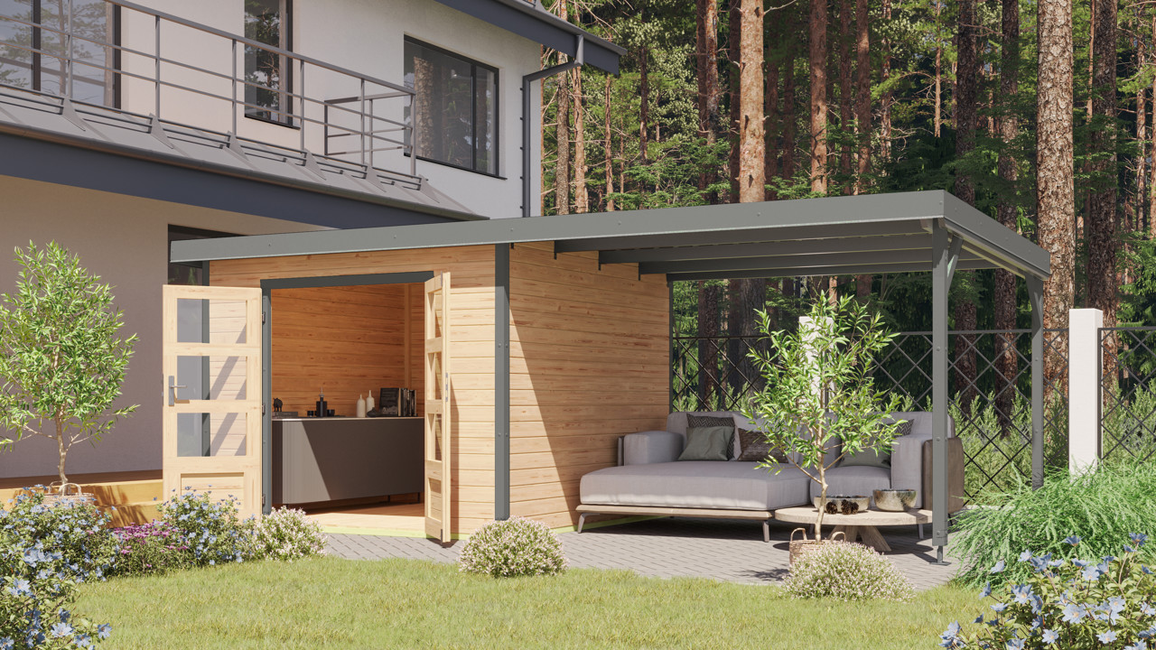 Karibu 28 mm Hybrid Gartenhaus Pluto 6 mit Anbaudach